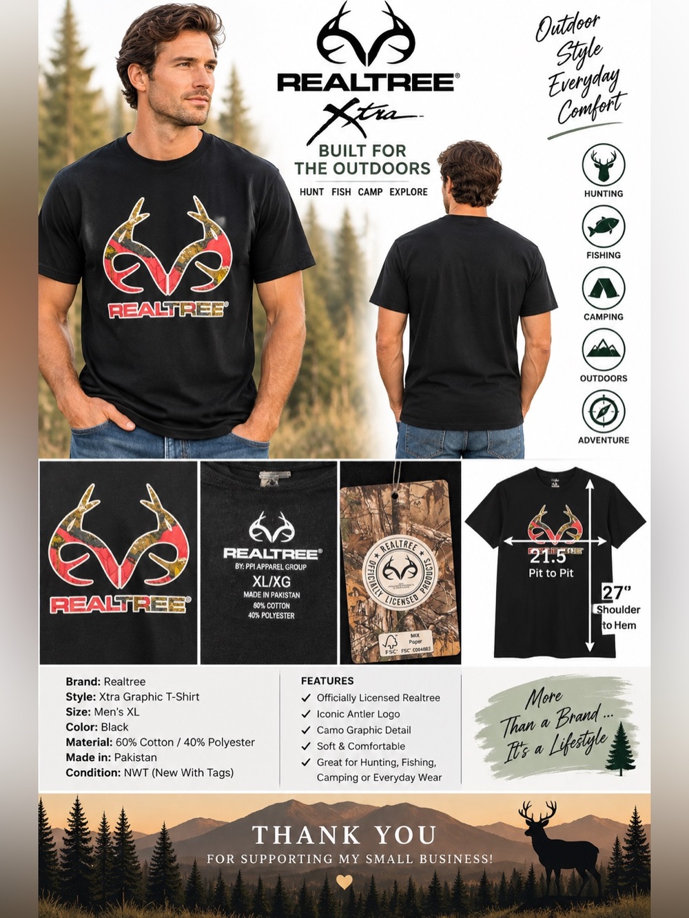 Realtree Xtra Camo Logo Graphic T-Shirt Men’s XL Black Hunting Outdoor NWT